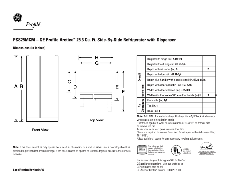 Page 1 de la notice Fiche technique GE PSS25MCMBB