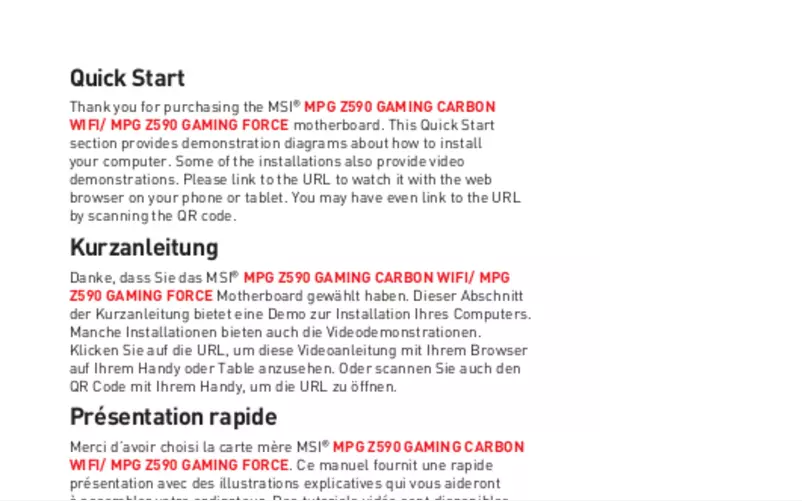 Image de la première page du manuel de l'appareil MPG Z590 Gaming Force