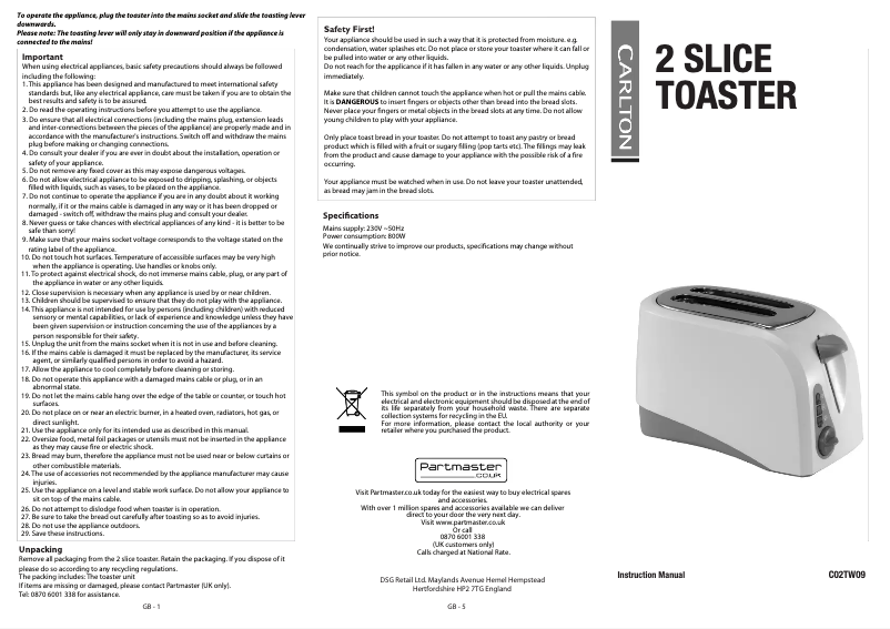 Page 1 de la notice Manuel utilisateur Carlton C02TW09