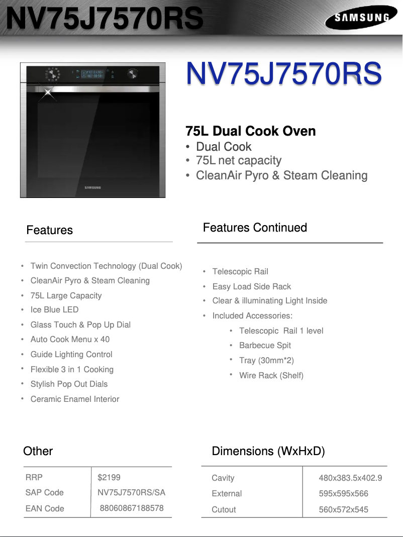 Page 1 de la notice Fiche technique Samsung NV75J7570RS