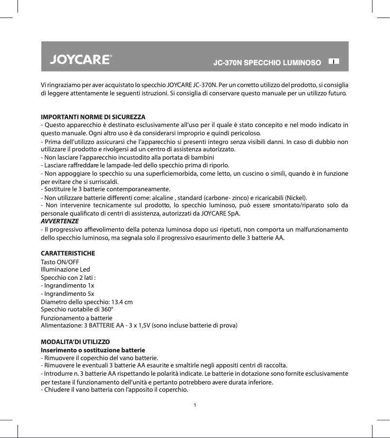 Page 1 de la notice Manuel utilisateur Joycare JC-370N