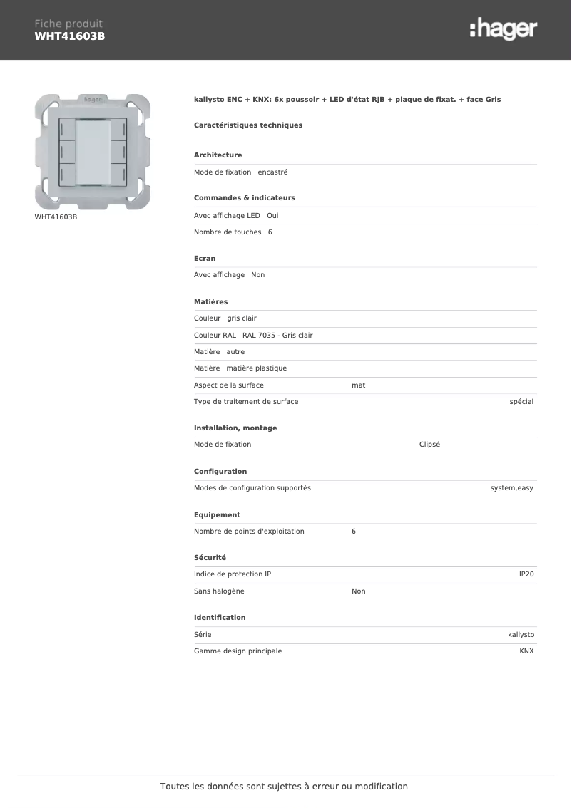 Page 1 de la notice Fiche technique Hager WHT41603B