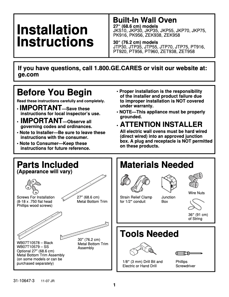 Page 1 de la notice Guide d'installation GE ZEK938BMBB