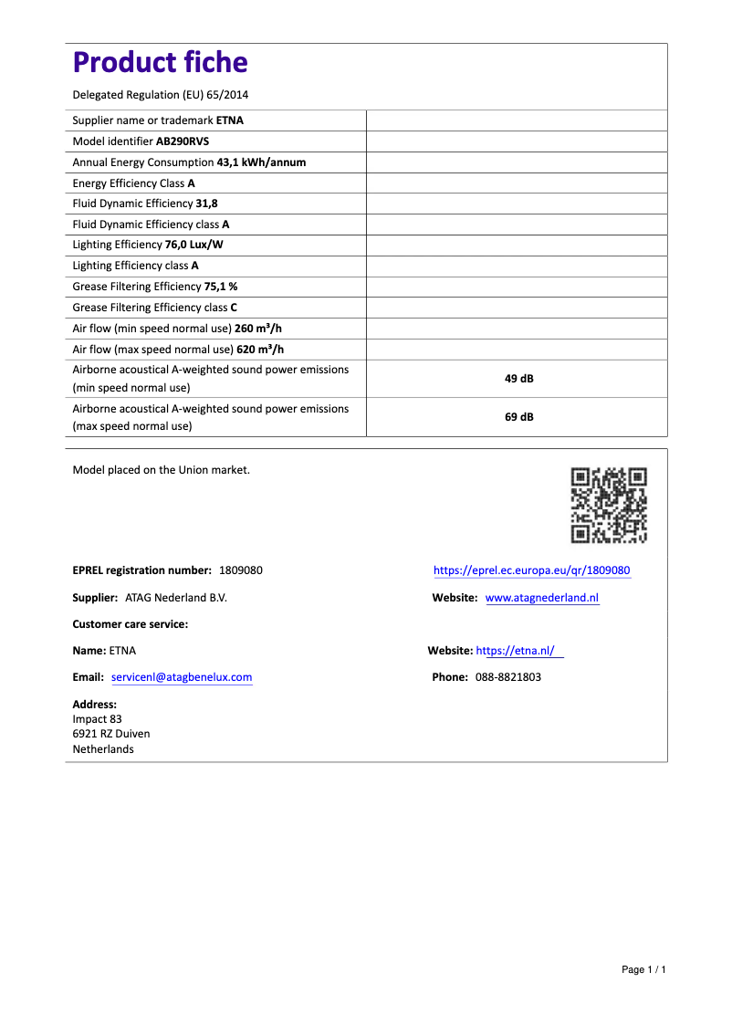 Page n°1 - Fiche technique Etna AB290RVS