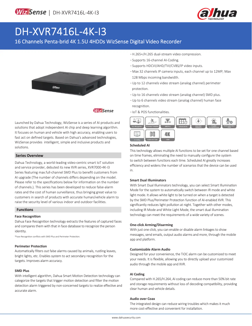 Página 1 del manual Ficha técnica Dahua Technology XVR7416L-4K-I3