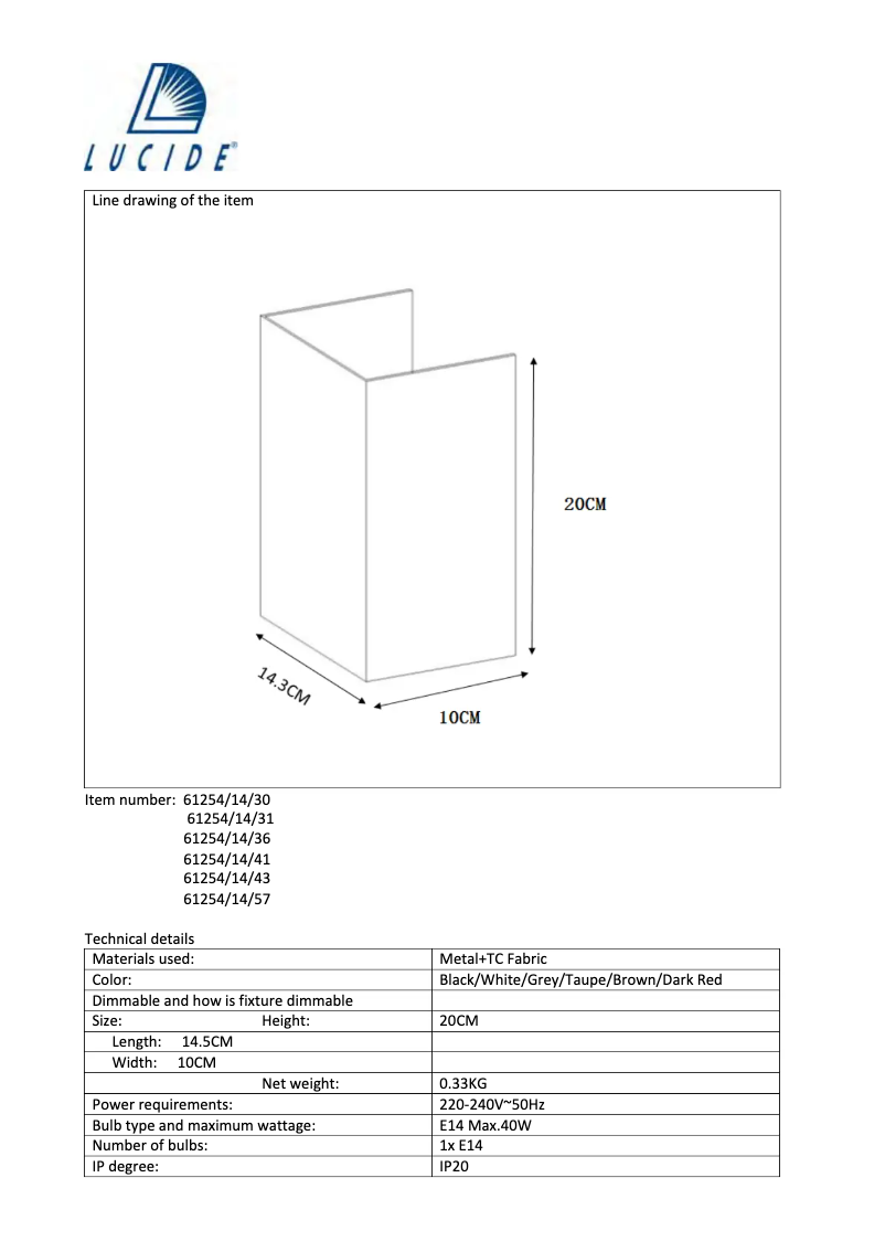 Page 1 de la notice Manuel utilisateur Lucide Coral 61254/14/41