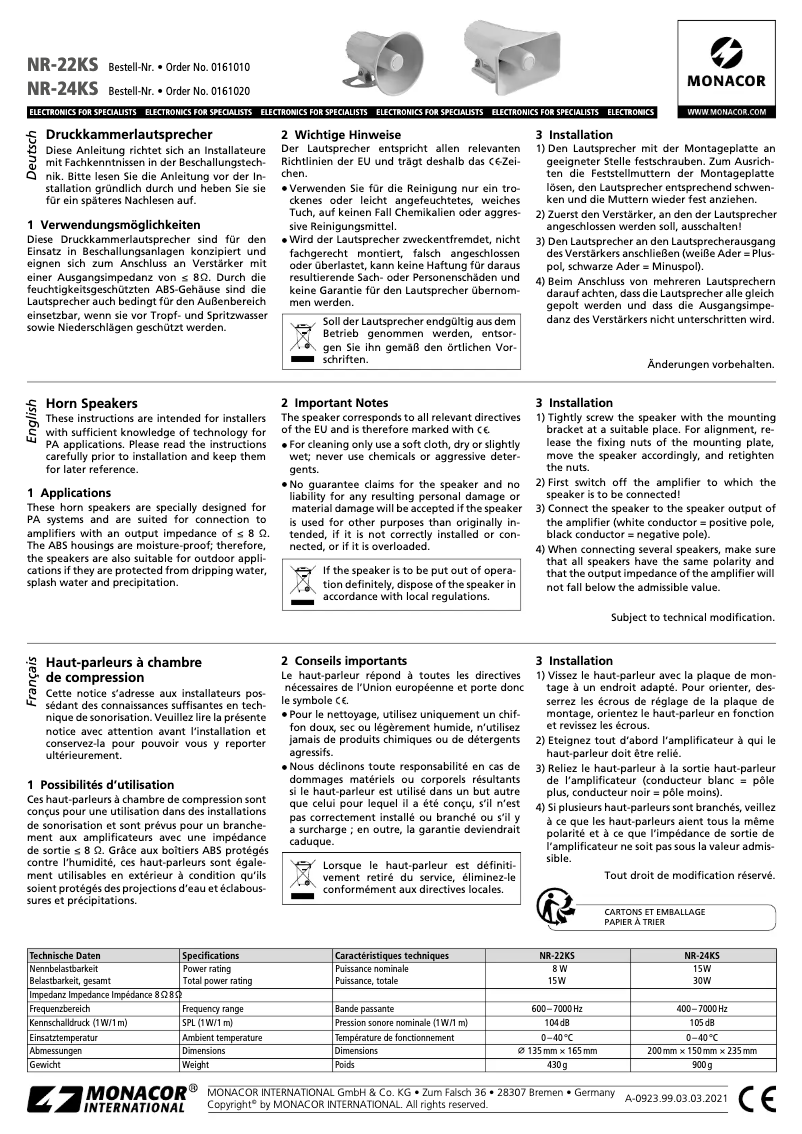 Page n°1 - Manuel utilisateur Monacor NR-24KS