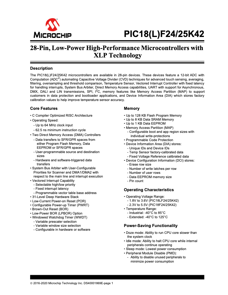 Página 1 del manual Ficha técnica Microchip PIC18F25K42
