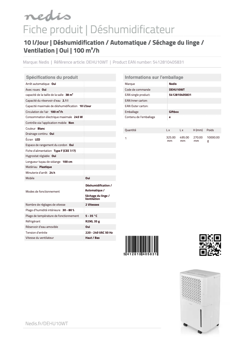 Image de la première page du manuel de l'appareil DEHU10WT