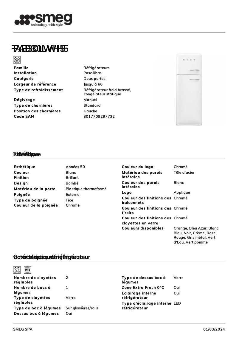 Page 1 de la notice Fiche technique Smeg FAB30LWH5