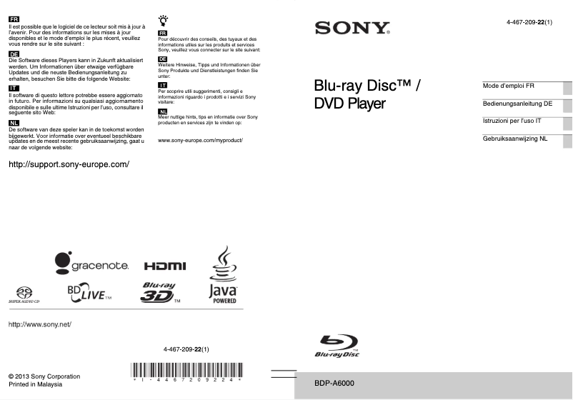 Page 1 de la notice Manuel utilisateur Sony BDP-A6000