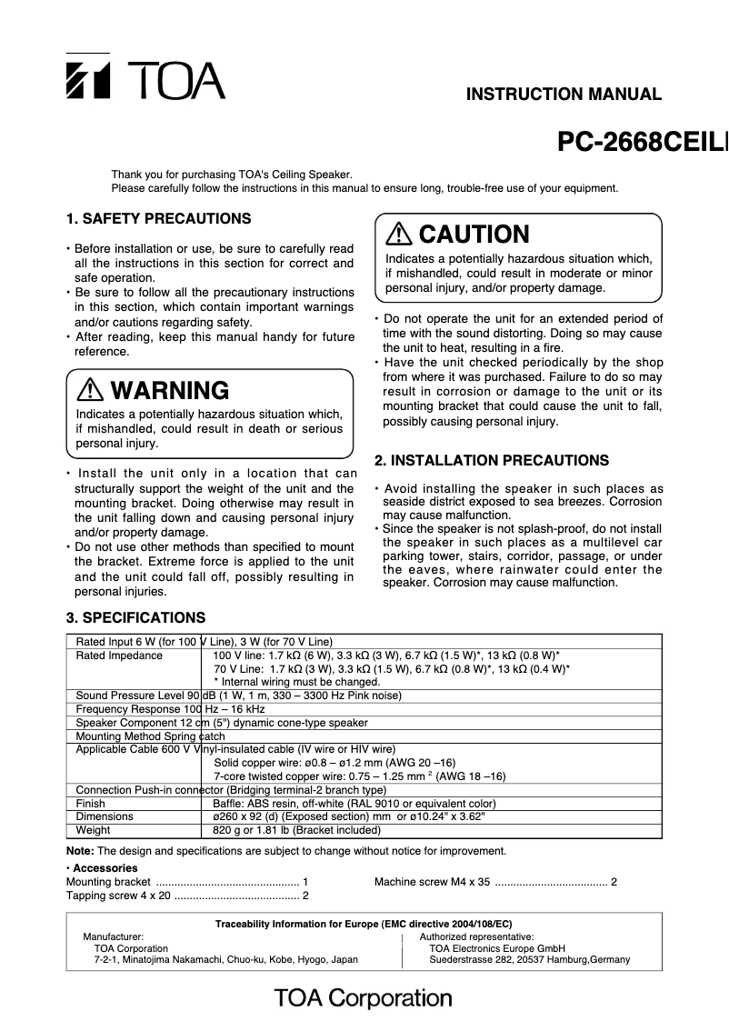Page n°1 - Manuel utilisateur TOA PC-2668