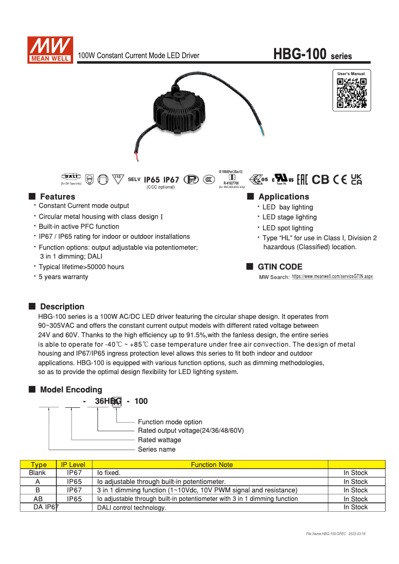 Page 1 de la notice Manuel utilisateur Mean Well HBG-100-48A