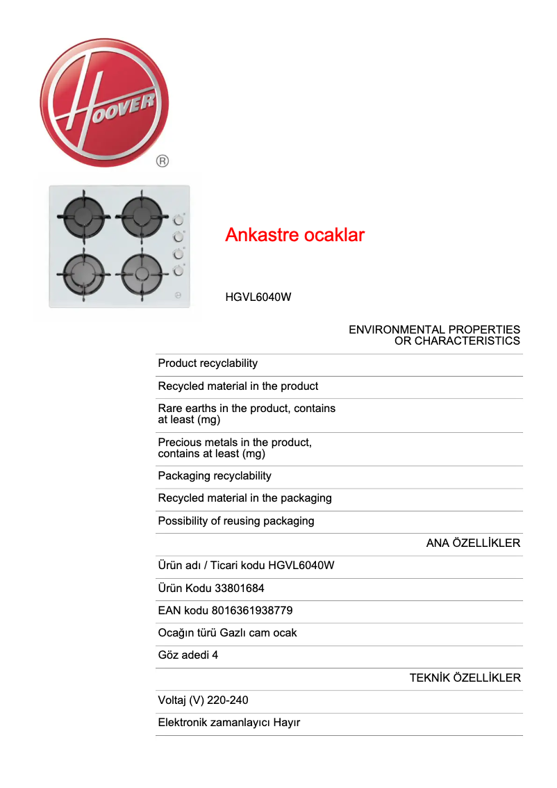 Page n°1 - Fiche technique Hoover HGVL6040W