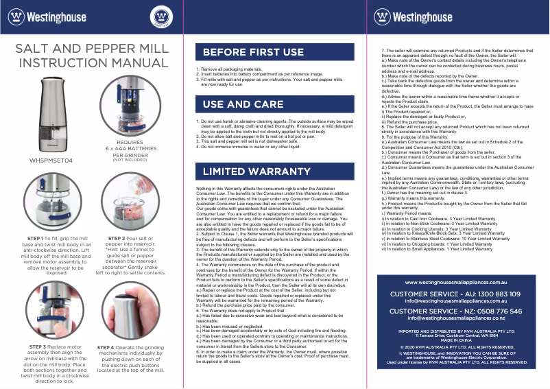 Page n°1 - Manuel utilisateur Westinghouse WHSPMSET04