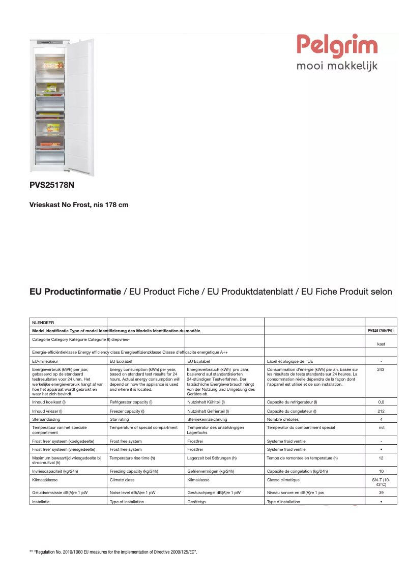 Page 1 de la notice Fiche technique Pelgrim PVS25178N