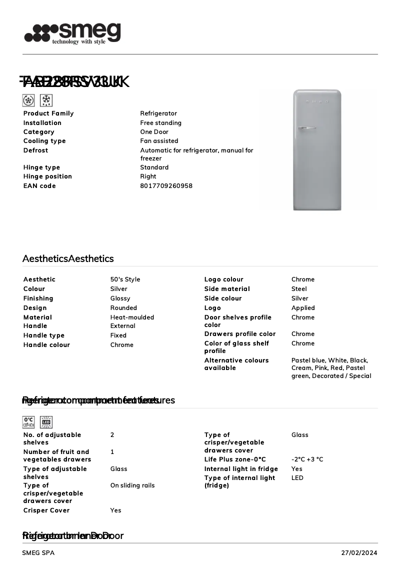 Page n°1 - Fiche technique Smeg FAB28RSV3UK