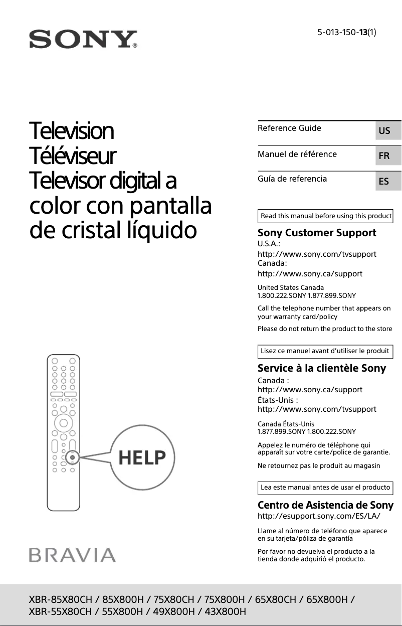 Page 1 de la notice Manuel utilisateur Sony Bravia XBR-85X800H
