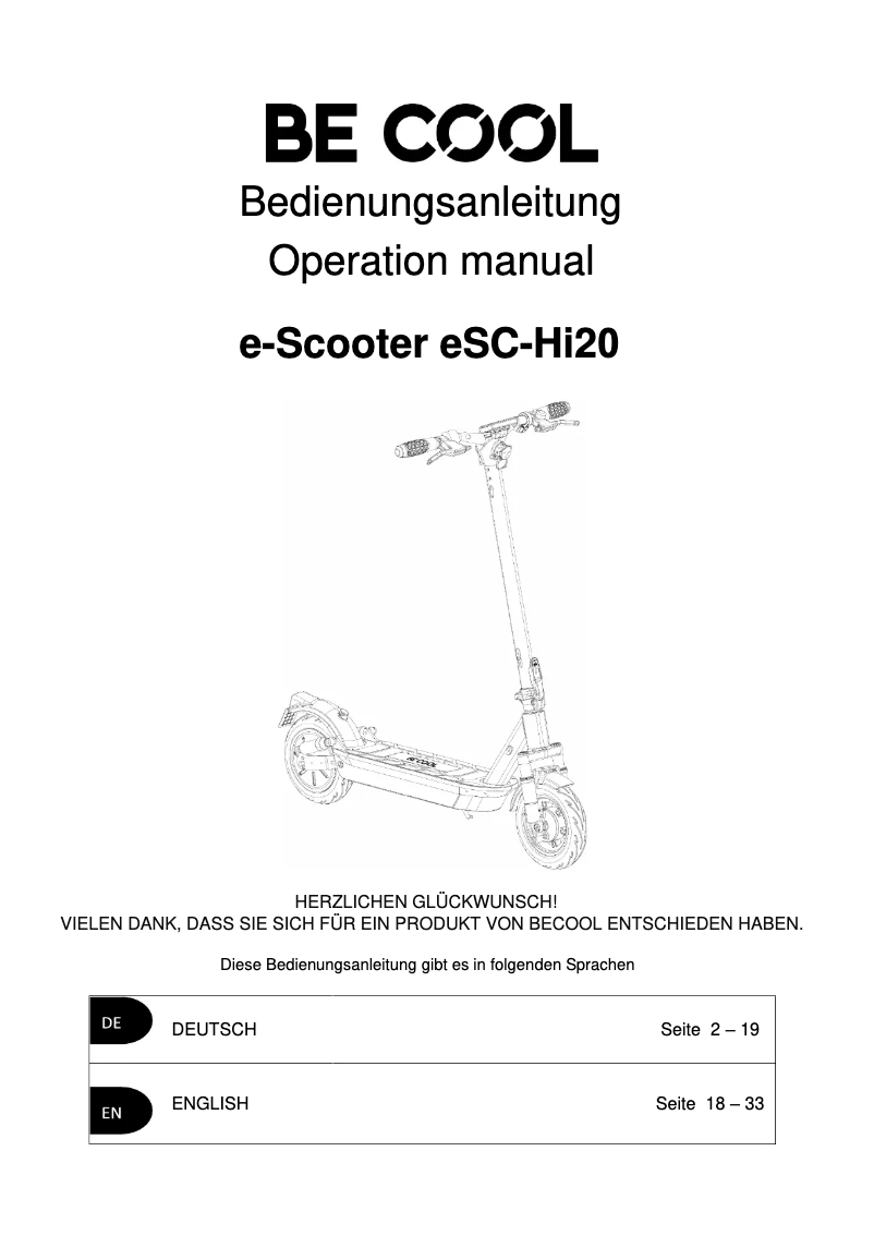 Page 1 de la notice Manuel utilisateur Be Cool eSC-Hi20