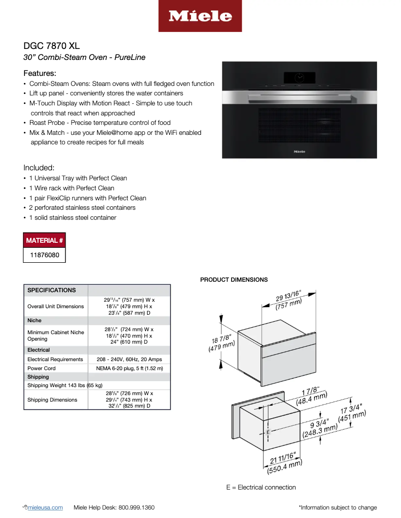 Page 1 de la notice Fiche technique Miele DGC 7870 XL