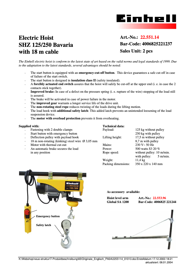 Page 1 de la notice Fiche technique Bavaria by Einhell SHZ 125/250
