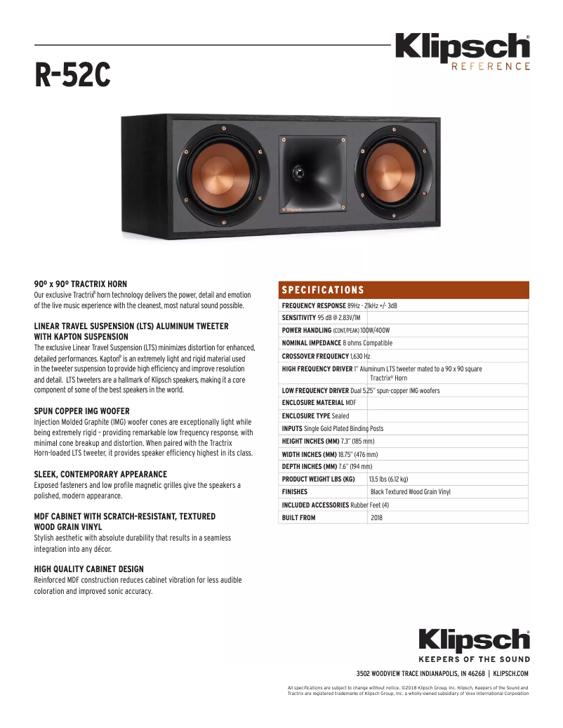 Page 1 de la notice Fiche technique Klipsch Reference R-52C
