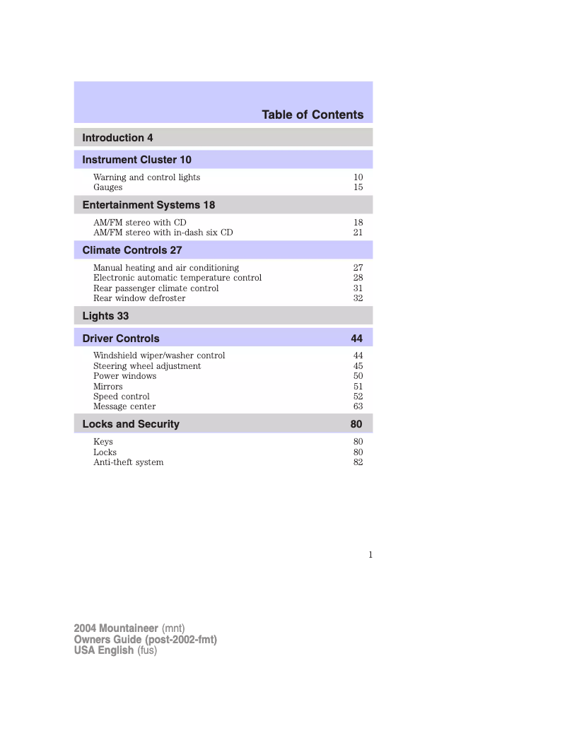 Page 1 de la notice Manuel utilisateur Mercury Mountaineer (2004)