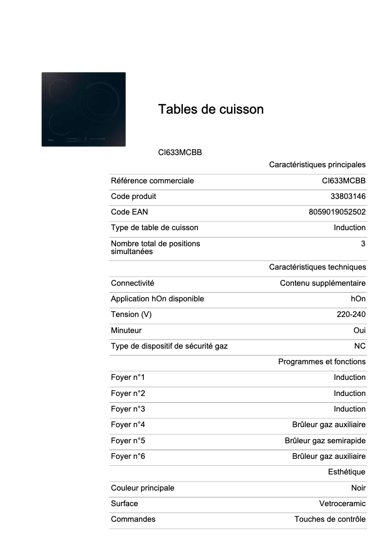 Page 1 de la notice Fiche technique Candy CI633MCBB