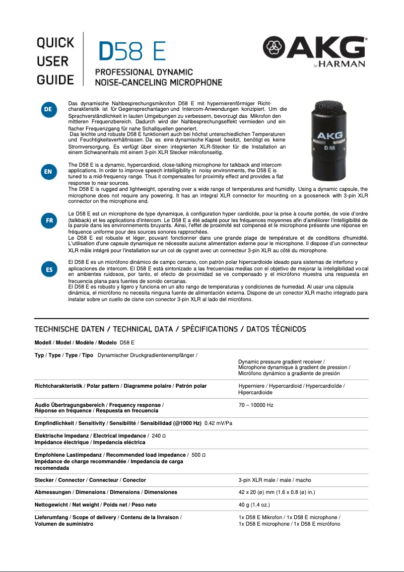 Page n°1 - Manuel utilisateur AKG D58 E