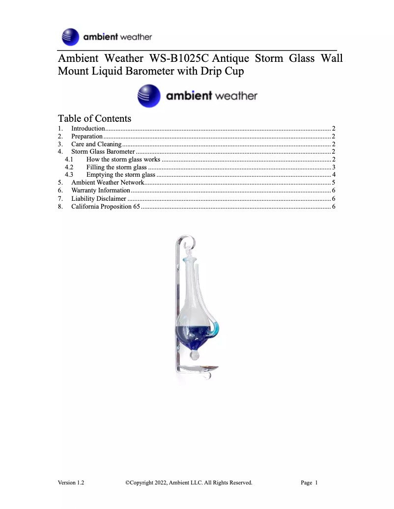 Page 1 de la notice Manuel utilisateur Ambient Weather WS-B1025C