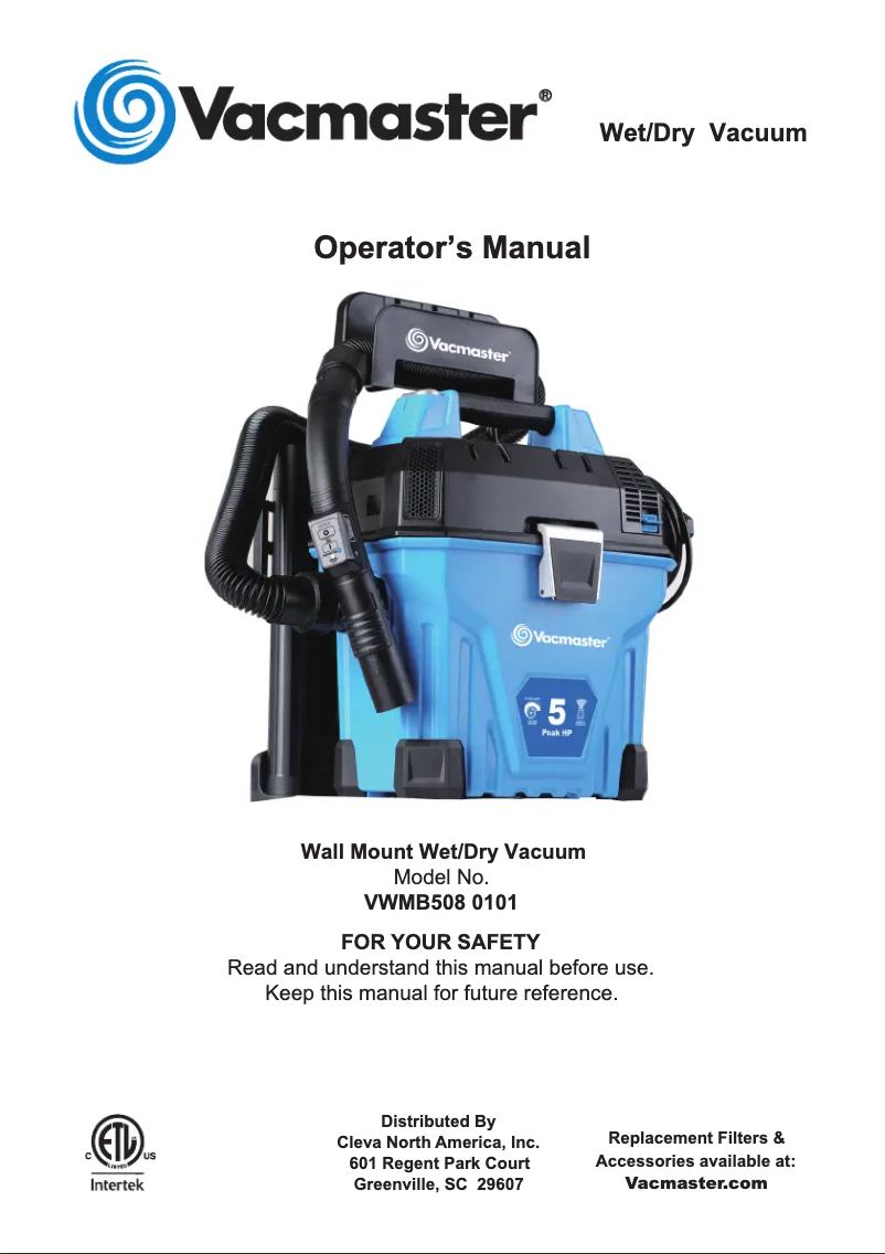 Page n°1 - Manuel utilisateur Vacmaster VWMB508 0101