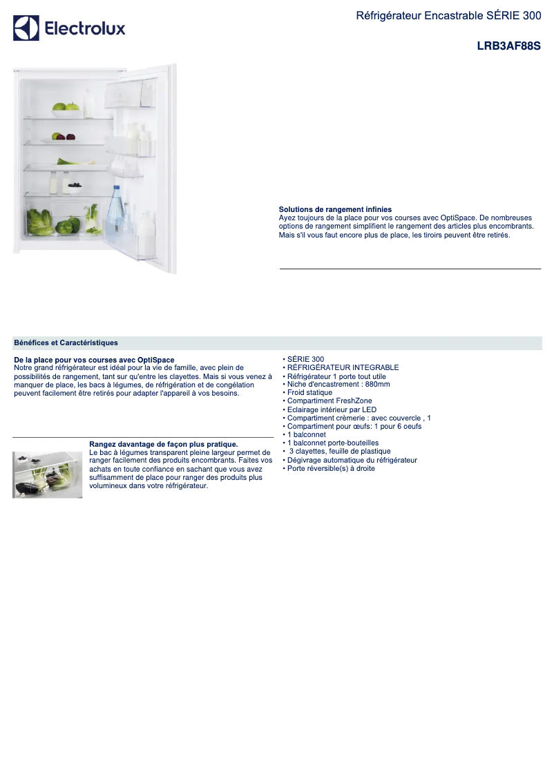 Page 1 de la notice Fiche technique Electrolux LRB3AF88S