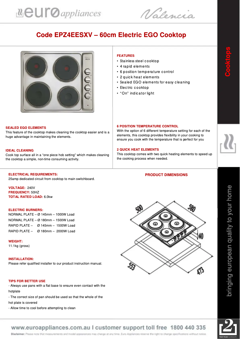 Page n°1 - Fiche technique Euro Appliances EPZ4EESXV