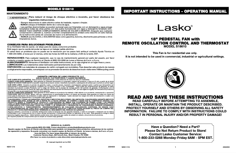 Page 1 de la notice Manuel utilisateur Lasko Elite S18610