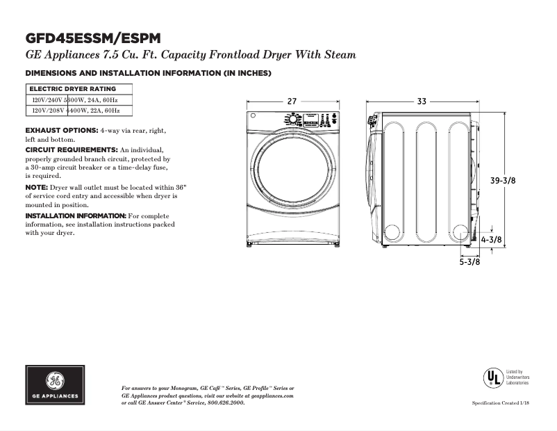 Page 1 de la notice Fiche technique GE GFD45ESSMWW
