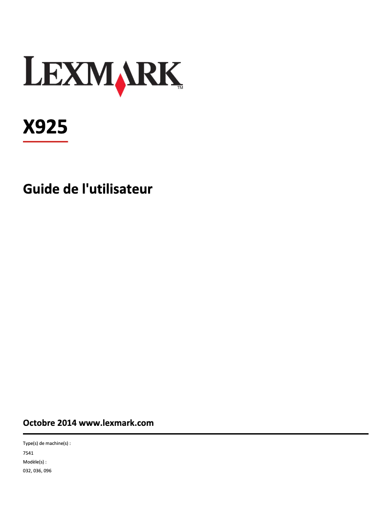 Page 1 de la notice Manuel utilisateur Lexmark X925
