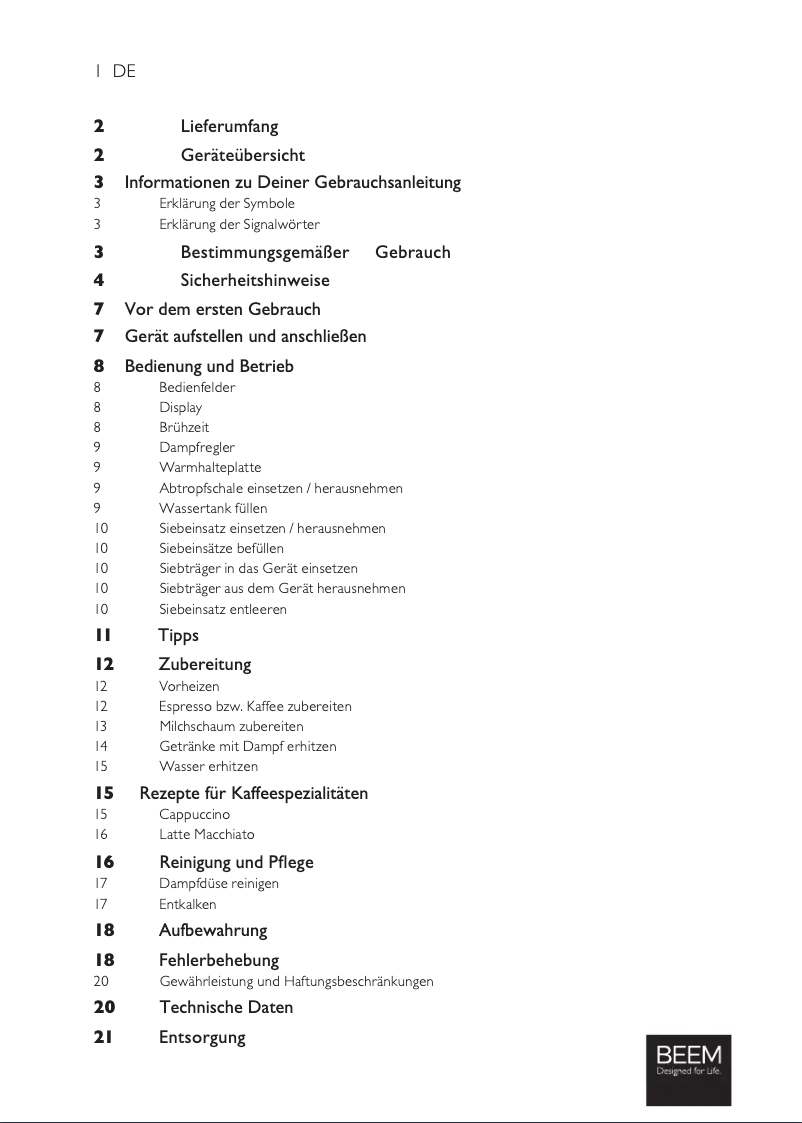 Page 1 of the manual User Manual BEEM Espresso Select Touch