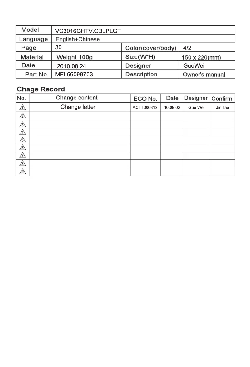 Page n°1 - Manuel utilisateur LG VC3016GHTV