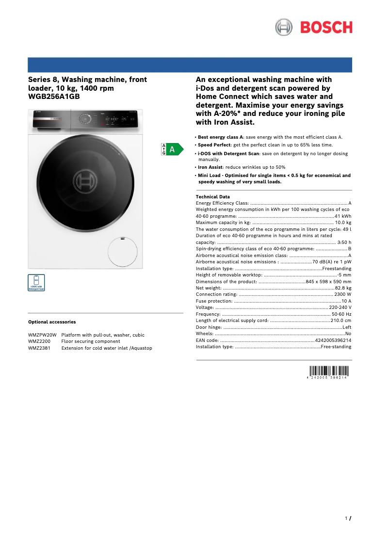 Page 1 of the manual Technical Sheet Bosch WGB256A1GB