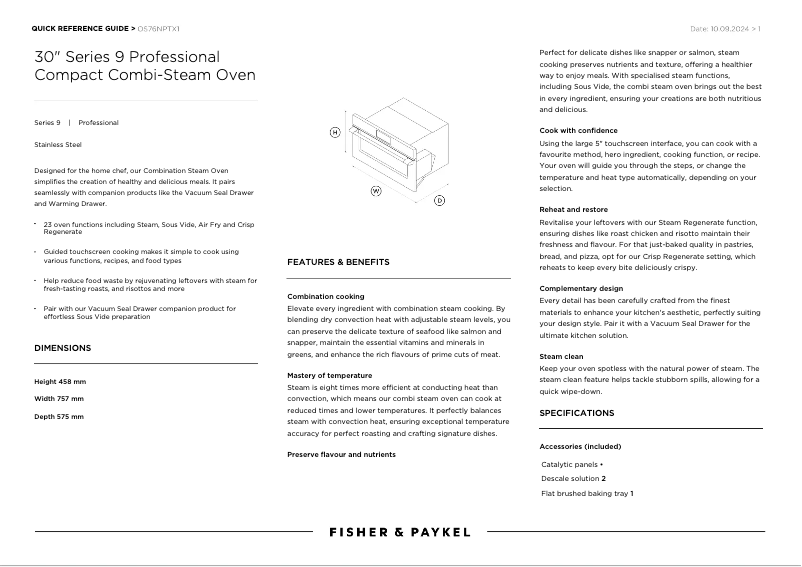 Page 1 de la notice Fiche technique Fisher & Paykel OS76NPTX1