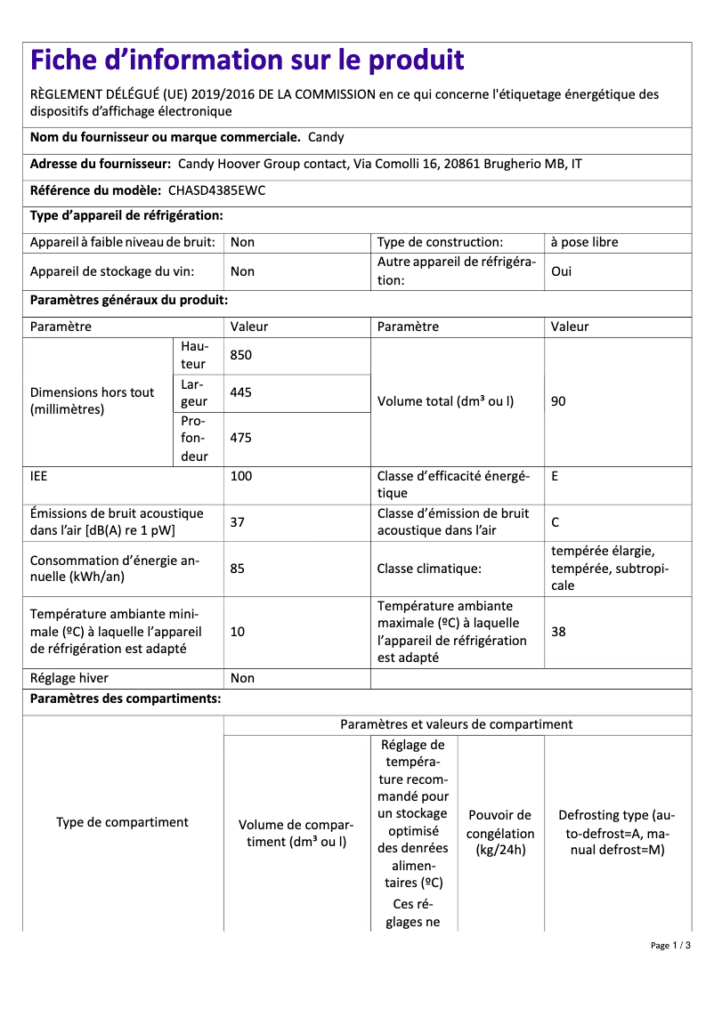 Page 1 de la notice Fiche technique Candy CHASD4385EWC
