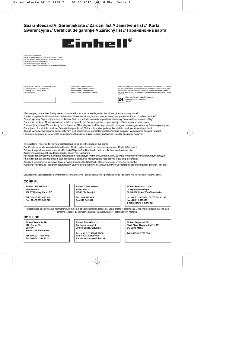 Page 1 de la notice Manuel utilisateur Einhell BT-VC 1250-2