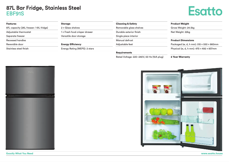 Page 1 de la notice Fiche technique Esatto EBF91S