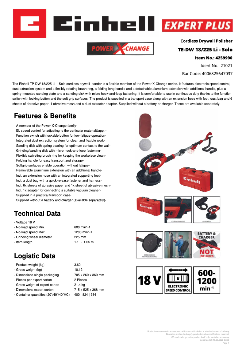 Página 1 del manual Ficha técnica Einhell TE-DW 18/225 Li