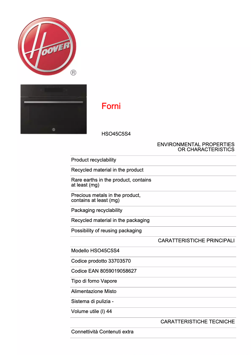 Page n°1 - Fiche technique Hoover HSO45C5S4