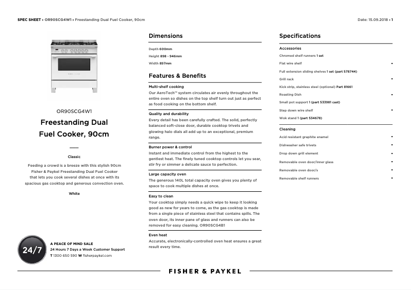 Page 1 de la notice Fiche technique Fisher & Paykel OR90SCG4W1