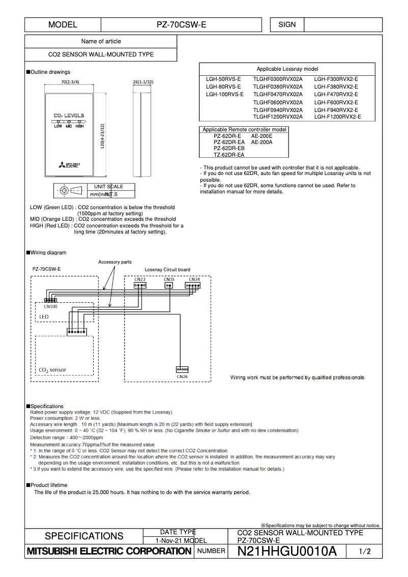 Page 1 de la notice Fiche technique Mitsubishi PZ-70CSW-E