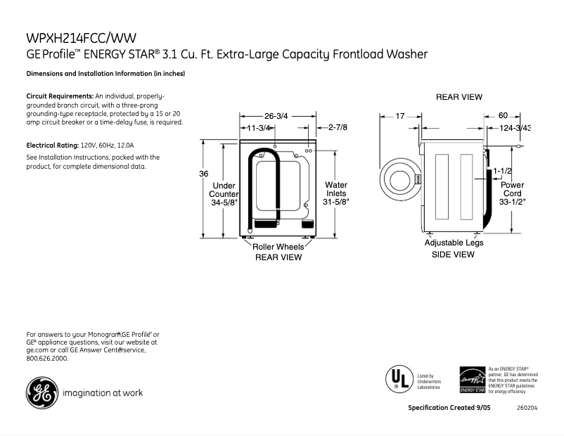 Page n°1 - Fiche technique GE Profile WPXH214FWW