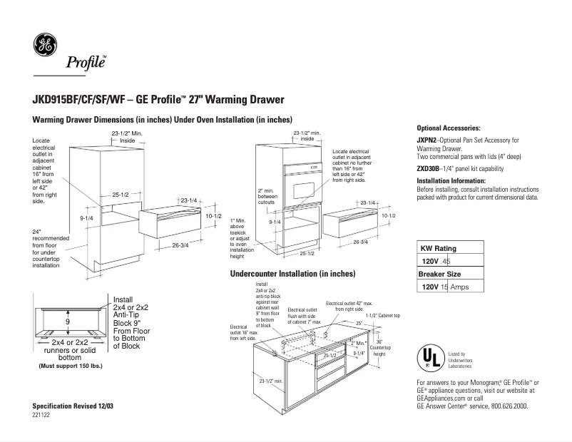 Page n°1 - Fiche technique GE Profile JKD915CFCC