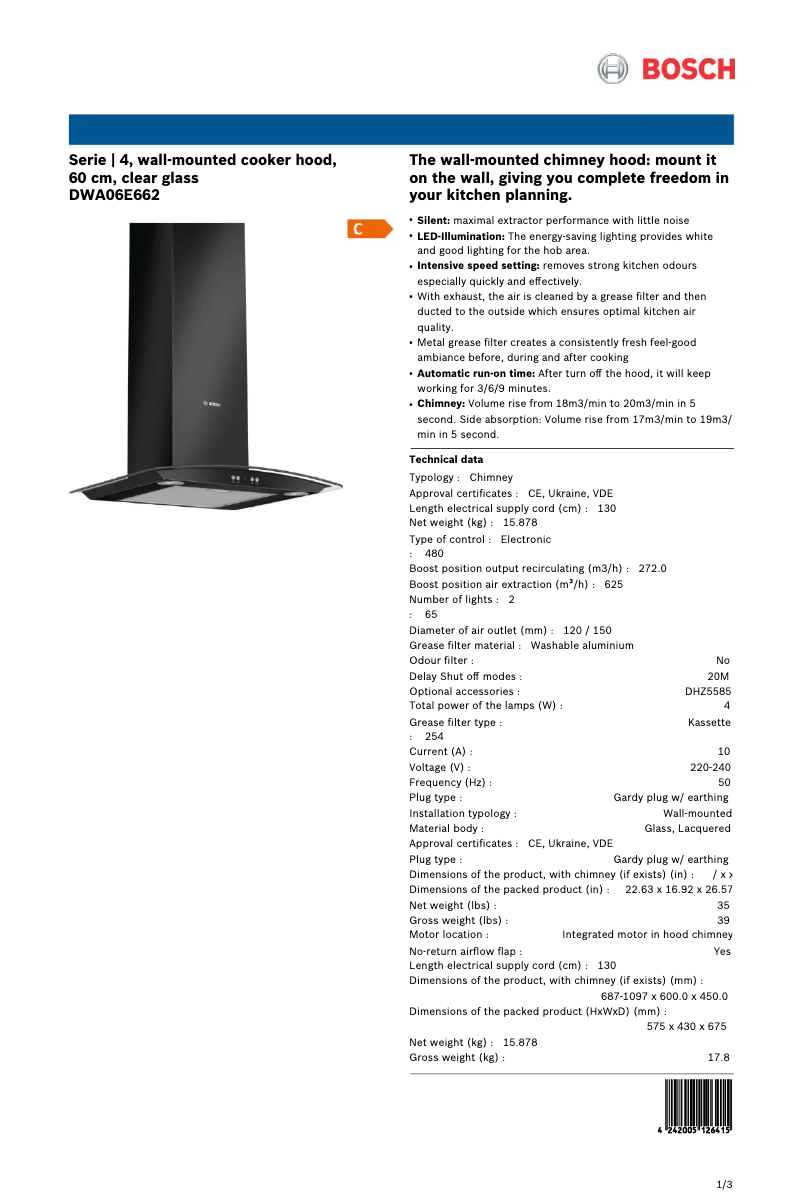 Page 1 of the manual Technical Sheet Bosch DWA06E662